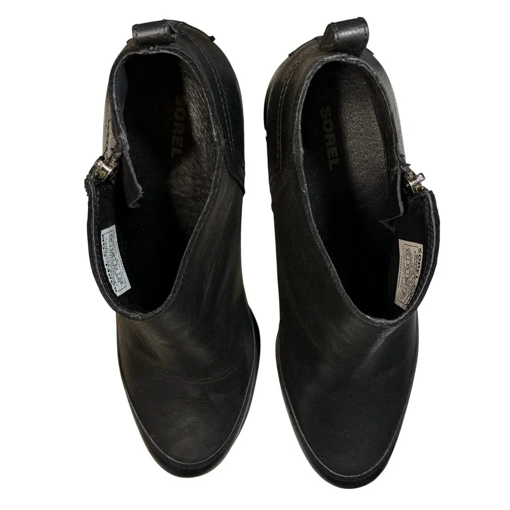 Sorel 9.5 Blake Bootie Black Leather Block Heel Zip Ankle Waterproof Moto Rocker